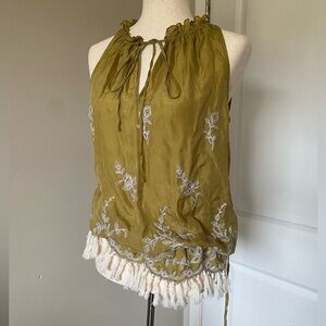 David Meister Embroidered Olive Green Tunic Top